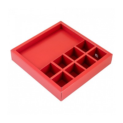 Коробка с обечайкой под шоколадку и 8 конфет, красная с окном 19,5*19*3,8 см
