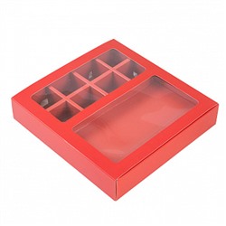 Коробка с обечайкой под шоколадку и 8 конфет, красная с окном 19,5*19*3,8 см