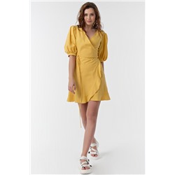 Платье летнее мини с запахом из хлопка желтое