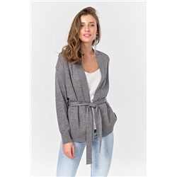 Кардиган вязаный короткий с поясом серый меланж