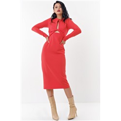Платье с разрезом на груди из фактурного трикотажа красное
