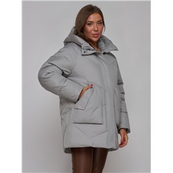 Зимняя женская куртка модная с капюшоном светло-серого цвета 52362SS