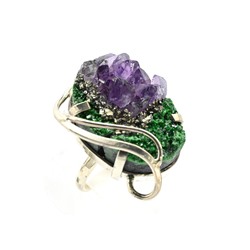 Кольцо и серьги из аметиста, уваровита и пирита, размер-17,5