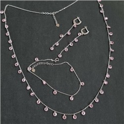 Комплект: серьги, браслет, колье, цвет цепочки серебристый, цвет кристаллов розовый, 45259, 032.481