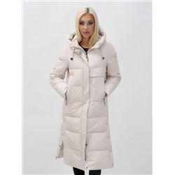 Пальто утепленное стеганное зимнее с капюшоном женское бежевого цвета 9628B