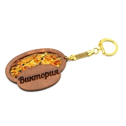 Брелок именной из дерева с янтарём "Виктория", 71*48мм.