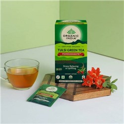 TULSI POMEGRANATE GREEN, Organic India (ТУЛСИ ЗЕЛЕНЫЙ ЧАЙ С ГРАНАТОМ, антистресс и свежесть, Органик Индия), 25 пакетиков.