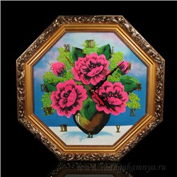 Часы-картина в багете восьмигранные, пейзаж пионы в вазе, 36,5*36,5см