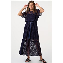 Платье кружевное миди свободное синее