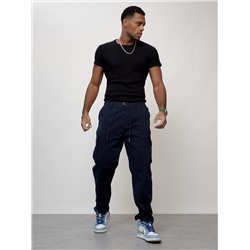 Джинсы карго мужские с накладными карманами темно-синего цвета 2418TS
