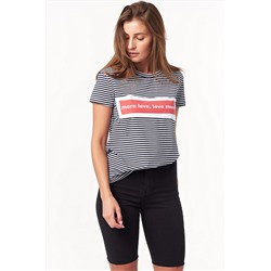 Футболка трикотажная прямая в полоску с нашивкой черно-белая