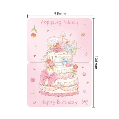 Открытка настольная Happy Birthday с фигурным тортом (Розовый торт с бантом)
