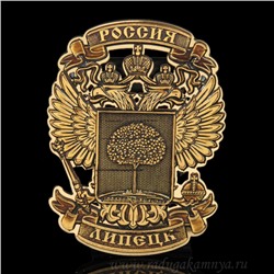 Магнит из бересты г. Липецк "Герб России Герб Липецка" 70*90мм вставка золотистая