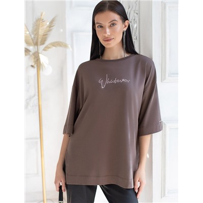 Футболка оверсайз с принтом стразами из премиального хлопка с эластаном