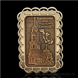 Магнит из бересты г.Липецк "Кафедральный Собор" 60*90мм вставка золотистая