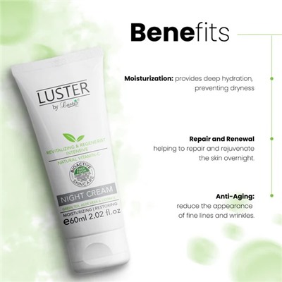 NIGHT CREAM Cream, Luster (НОЧНОЙ КРЕМ для лица с зелёным чаем, алоэ вера и лакрицей, Ластер), 60 мл.