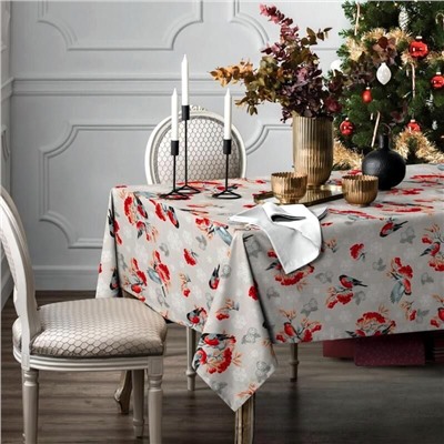 Скатерть "Снегири и рябина" 150*220см. рогожка хлопок 100%