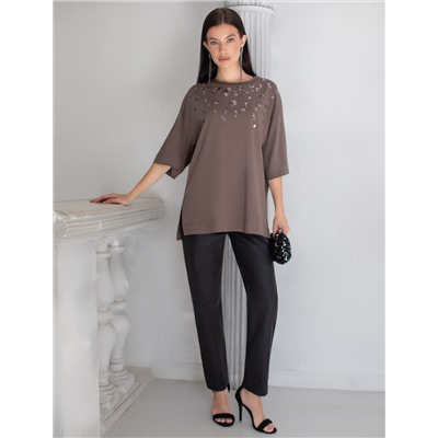 Футболка оверсайз с принтом пайетками из премиального хлопка с эластаном