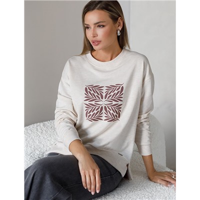 Свободный свитшот с принтом и разрезами из эластичного футера двухнитки без начеса