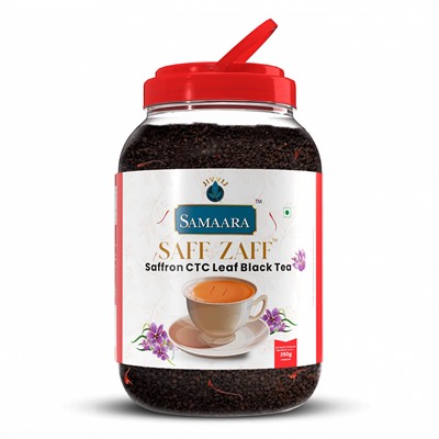 Samaara SAFF ZAFF Saffron CTC Leaf Black Tea, Jivraj (Самаара САФФ ЗАФФ СТС, Гранулированный Черный чай с Шафраном, Живрадж), БАНКА 250 г. - СРОК ГОДНОСТИ ДО 31 ИЮЛЯ 2025 ГОДА
