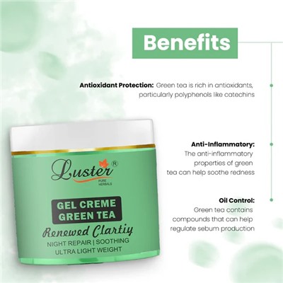 Gel Cream GEEN TEA, Luster (ЗЕЛЁНЫЙ ЧАЙ успокаивающий ночной гель-крем, Ластер), 100 г.