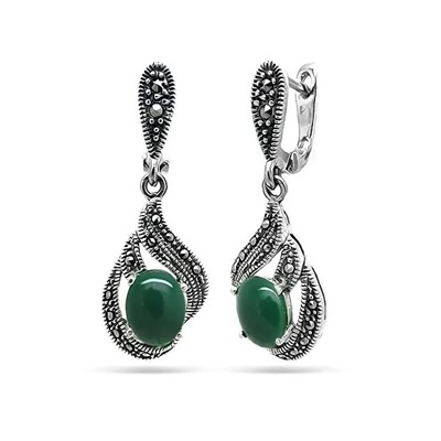 Серьги из серебра зеленый агат, марказит, SL-AGA61