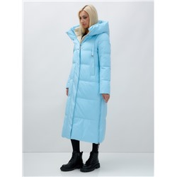 Пальто утепленное стеганное зимнее с капюшоном женское голубого цвета 9625Gl