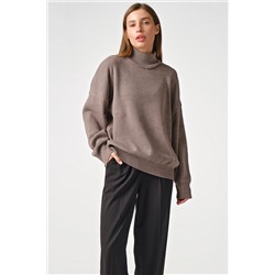 Свитер вязаный теплый оверсайз с высоким горлом ореховый меланж