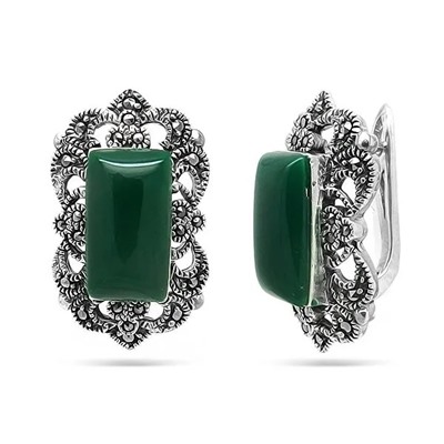 Серьги из серебра зеленый агат, марказит, SL-AGA27