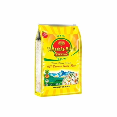 TAMASHAE MIADI Extra Long Grain 1121 Basmati Sella Rice (ТАМАШАЕ МИАДИ экстрадлинный пропаренный индийский рис басмати селла 1121), ПАКЕТ, 1 кг.