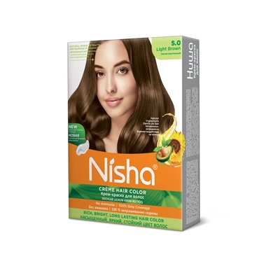LIGHT BROWN 5.0 Nisha Creme Hair Color (СВЕТЛО-КАШТАНОВЫЙ 5.0 крем-краска для волос, Ниша), 20 г + 20 мл + 6 мл.