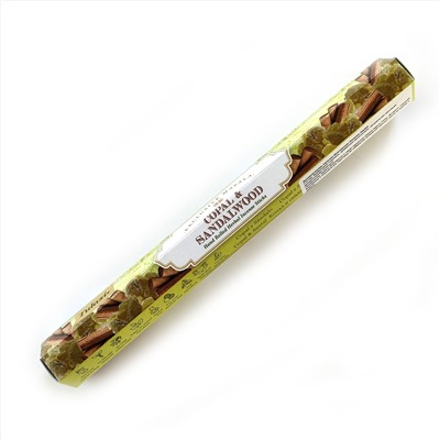 Tulasi Exclusive Masala COPAL & SANDALWOOD Hand Rolled Herbal Incense Sticks, Sarathi (Туласи эксклюзив масала КОПАЛ И САНДАЛОВОЕ ДЕРЕВО травяные благовония ручной работы, Саратхи), шестигранник, 15 г.