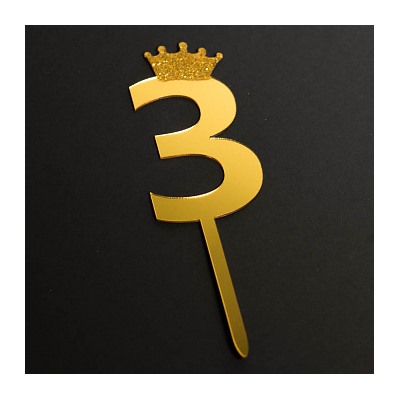Топпер "Цифра 3" с короной золото 5*10,5 см