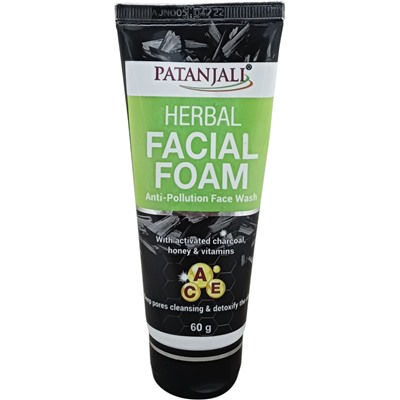 HERBAL FACIAL FOAM Anti-Pollution Face Wash, Patanjali (ТРАВЯНАЯ ПЕНКА ДЛЯ умывания лица с защитой от загрязнения, с активированным углем, медом и витаминами, Патанджали), 60 г.