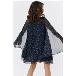 Платье шифоновое свободное с длинным рукавом темно-синее