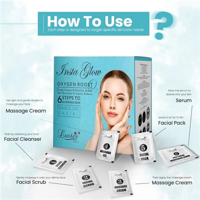 INSTA GLOW Oxygen Boost Facial Kit, Luster (ИНСТА ГЛОУ кислородный набор для ухода за лицом, Ластер), 1 уп. (40 мл.)