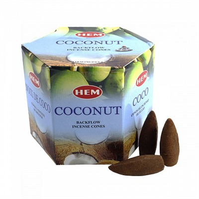 COCONUT Backflow Incense Cones, Hem (КОКОС благовония пуля стелющийся дым, Хем), уп. 40 конусов.