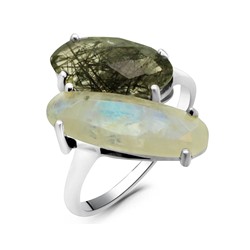 Кольцо из серебра лунный камень, рутиловый кварц черный, Лунетта
