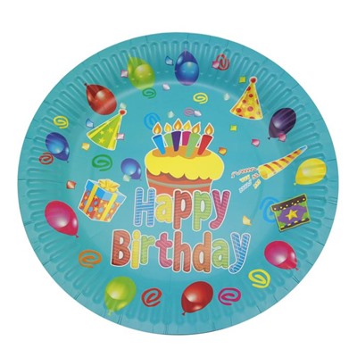 Тарелки картон  d=23см Happy Birthday Торт Бирюза/10шт.