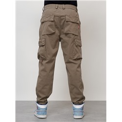 Джинсы карго мужские с накладными карманами бежевого цвета 2418B