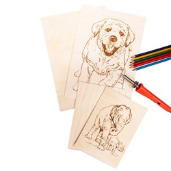 Набор досок с рисунком для выжигания А5 и А4 «Игривый щенок» и «Слониха со слоненком» (4 штуки)