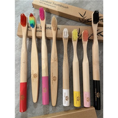 Детская Зубная щетка из бамбука, щетина с угольным напылением,bamboobrush, ​1 шт. (средняя жесткость), круглая ручка. цвета в ассортименте.