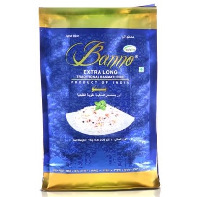 Banno EXTRA LONG Traditional Basmati Rice (Банно ЭКСТРА ЛОНГ традиционный длиннозерный рис басмати, шлифованный), 1 кг.
