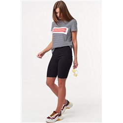 Футболка трикотажная прямая в полоску с нашивкой черно-белая