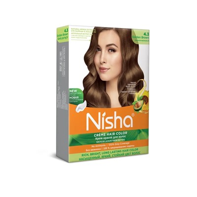 GOLDEN BROWN 4.3 Nisha Creme Hair Color (ЗОЛОТИСТО-КАШТАНОВЫЙ 4.3 крем-краска для волос, Ниша), 20 г + 20 мл + 6 мл.