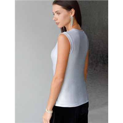 Топ с закрытым декольте из хлопка с эластаном в рубчик с матовым покрытием металлик