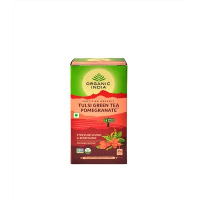 TULSI POMEGRANATE GREEN, Organic India (ТУЛСИ ЗЕЛЕНЫЙ ЧАЙ С ГРАНАТОМ, антистресс и свежесть, Органик Индия), 25 пакетиков.