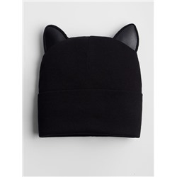 Шапка трикотажная двухслойная, кашкорсе для девочки с отворотом, ушки-кошки, черный