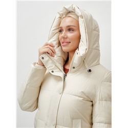 Пальто утепленное стеганное зимнее с капюшоном женское бежевого цвета 9601B