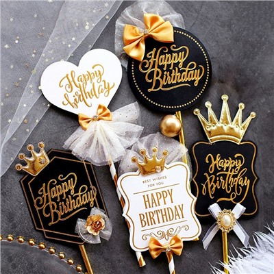 Топпер  «Роскошь» Happy Birthday (сердце, белый с бантом)